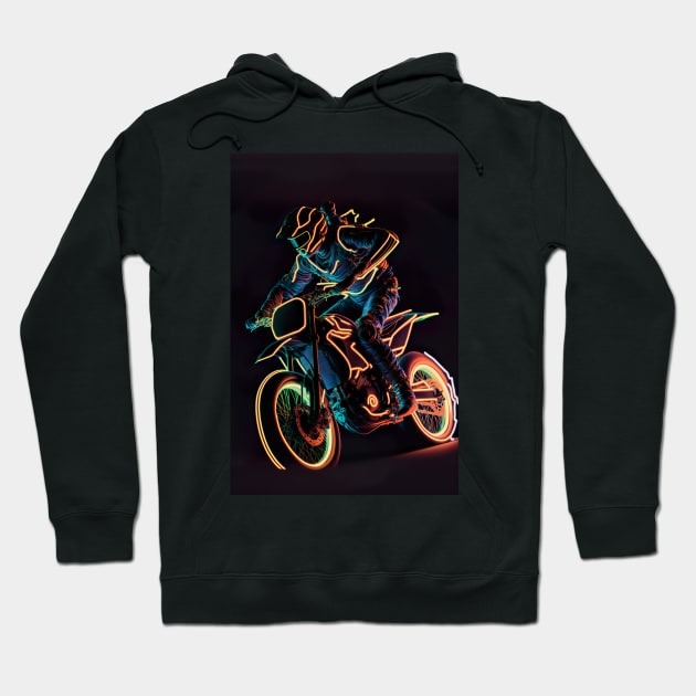 Dirt bike rider - orange and blue neon Hoodie by KoolArtDistrict